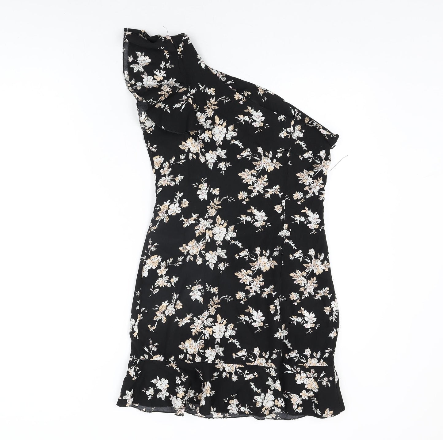 Boohoo Womens Black Floral Polyester Mini Size 6 One Shoulder Zip