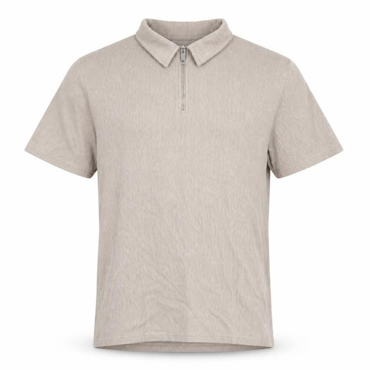 Front view of Boohoo men’s beige polyester polo, size L, collared zip