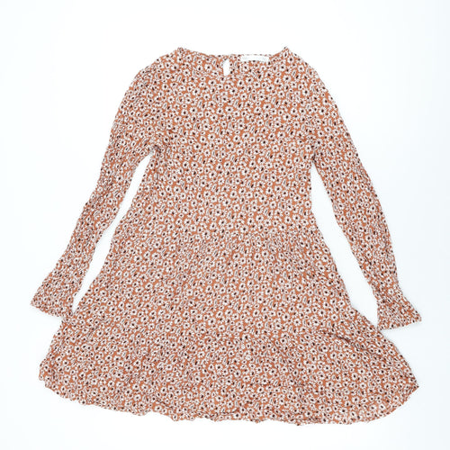 Marks and Spencer Girls Brown Floral Viscose Skater Dress Size 12-13 Years Round Neck Button