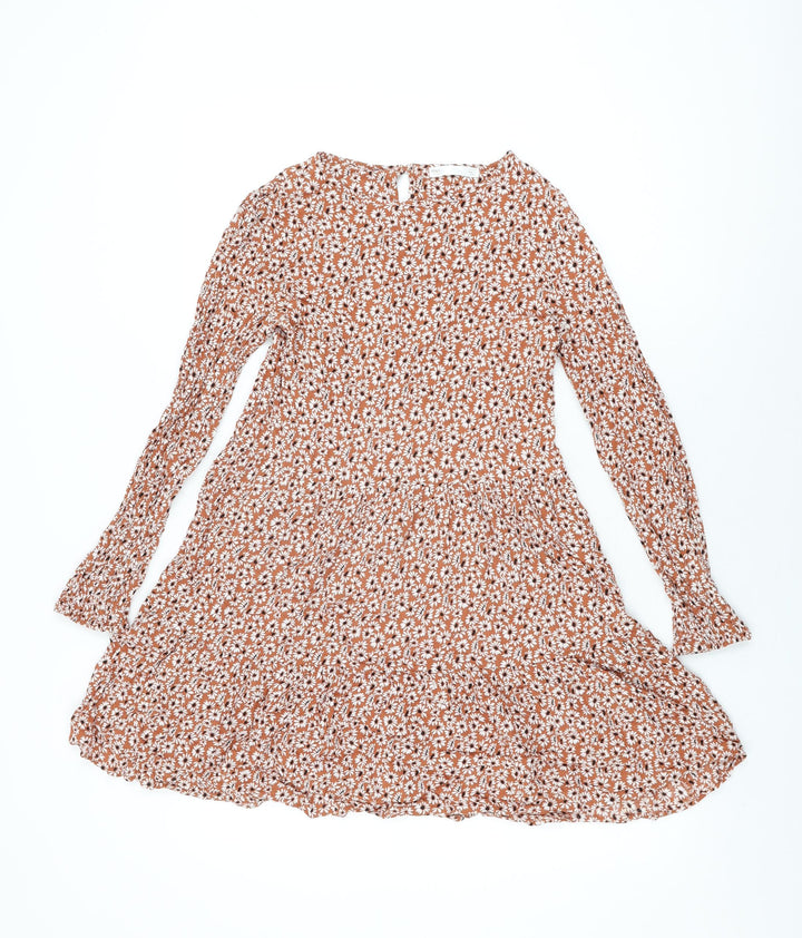 Marks and Spencer Girls Brown Floral Viscose Skater Dress Size 12-13 Years Round Neck Button