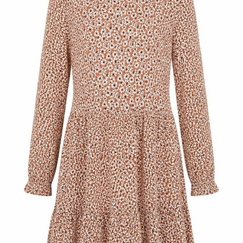 Marks and Spencer Girls Brown Floral Viscose Skater Dress Size 12-13 Years Round Neck Button