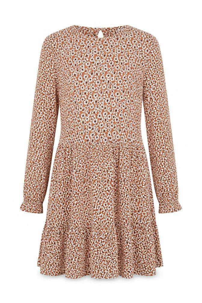 Marks and Spencer Girls Brown Floral Viscose Skater Dress Size 12-13 Years Round Neck Button