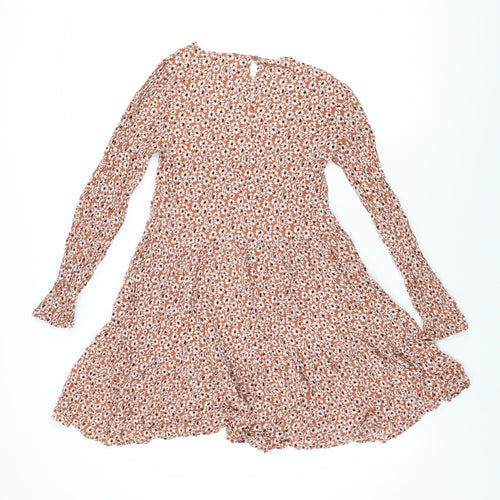 Marks and Spencer Girls Brown Floral Viscose Skater Dress Size 12-13 Years Round Neck Button