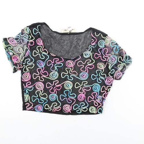 Urmoda Womens Black Geometric Polyester Cropped T-Shirt Size L Round Neck