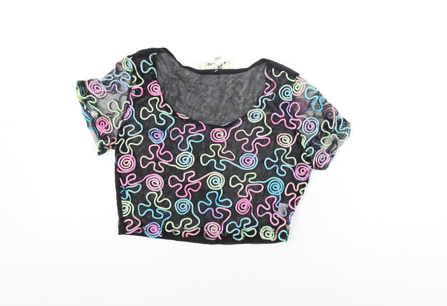 Urmoda Womens Black Geometric Polyester Cropped T-Shirt Size L Round Neck