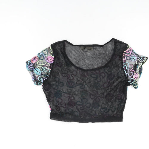 Urmoda Womens Black Geometric Polyester Cropped T-Shirt Size L Round Neck