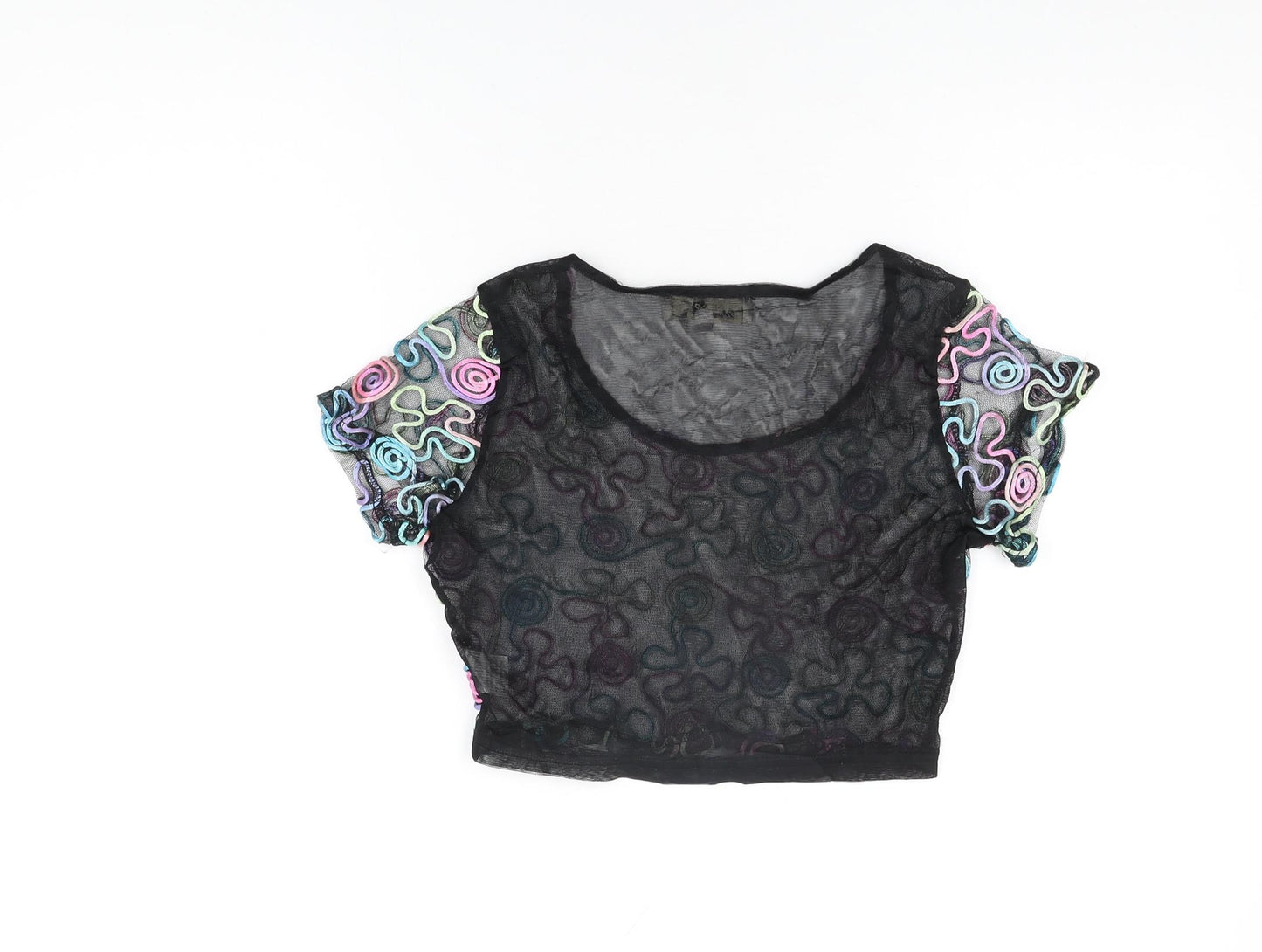 Urmoda Womens Black Geometric Polyester Cropped T-Shirt Size L Round Neck