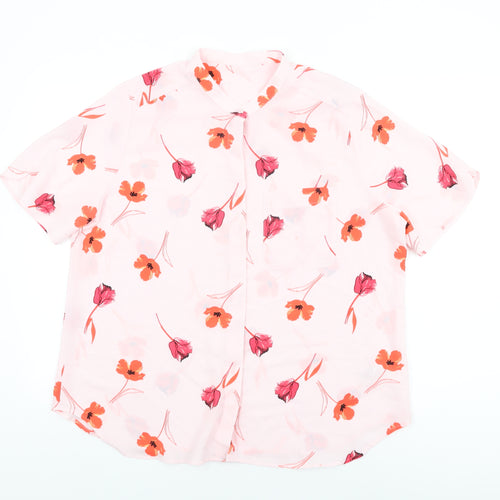 Marks and Spencer Womens Pink Floral Polyester Basic Button-Up Size 16 Round Neck