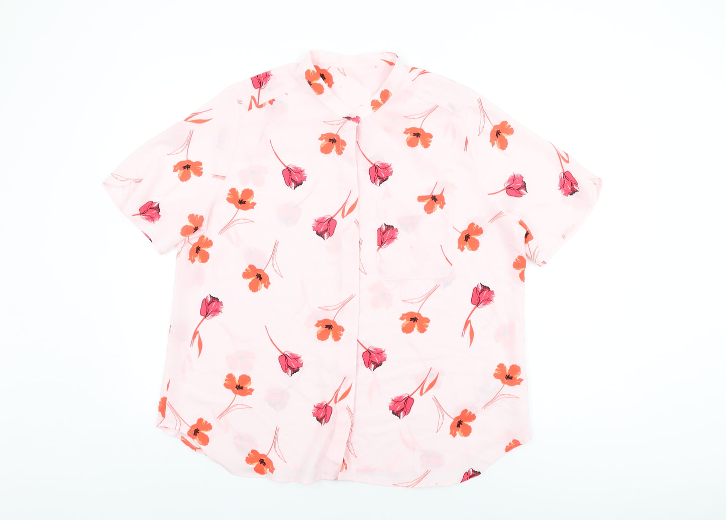 Marks and Spencer Womens Pink Floral Polyester Basic Button-Up Size 16 Round Neck