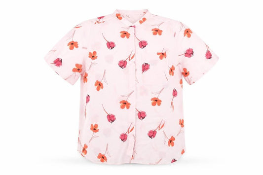 Front view of Marks & Spencer women’s pink floral polyester basic button-up, size UK 16, round neck