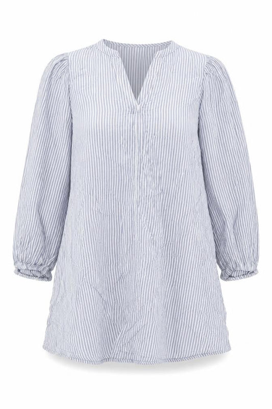 Front view of H&M women’s blue striped cotton shift, size S, v-neck pullover