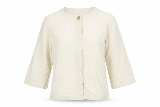 Front view of Orvis women’s beige cotton basic button-up, size UK 6, round neck