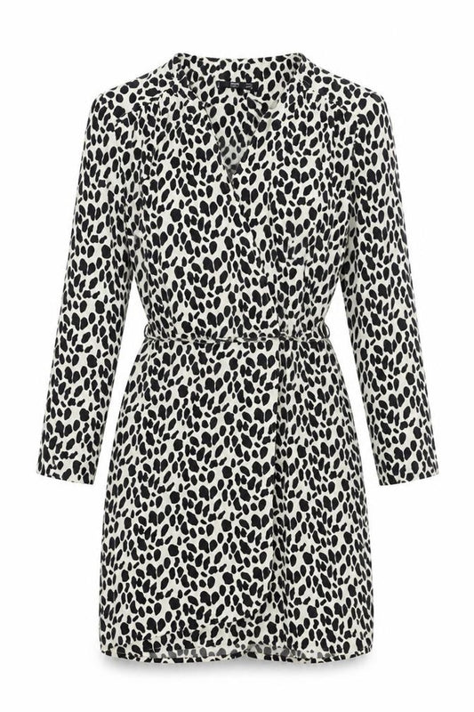 Front view of Mango women’s white geometric polyester wrap dress, size S, v-neck pullover