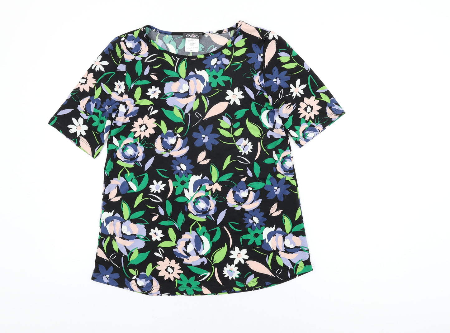 Kim&Co Womens Black Floral Polyester Basic T-Shirt Size XS Round Neck
