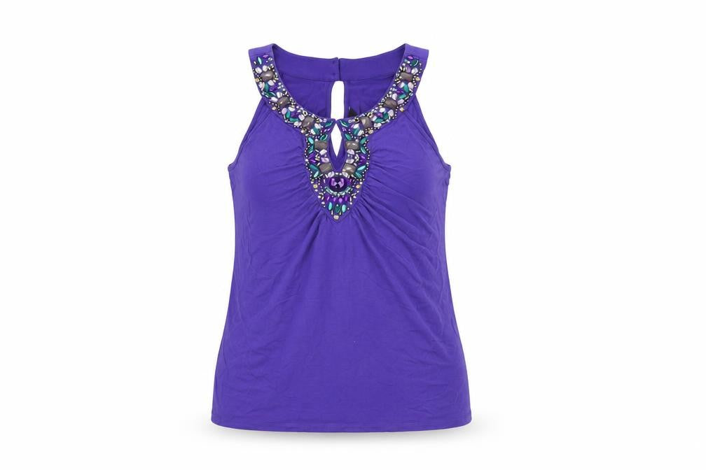 Front view of Julien Macdonald women’s purple viscose basic t-shirt, size UK 12, round neck