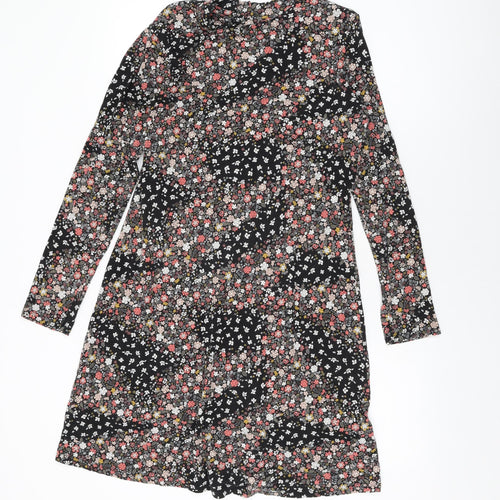 Marks and Spencer Womens Black Floral Viscose Shift Size 12 Round Neck Button
