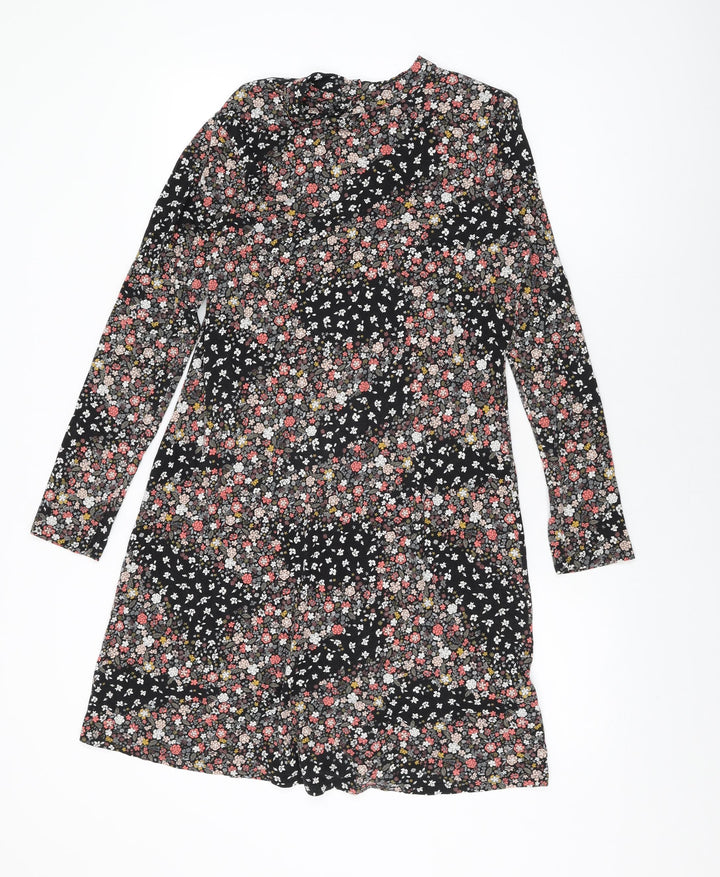 Marks and Spencer Womens Black Floral Viscose Shift Size 12 Round Neck Button