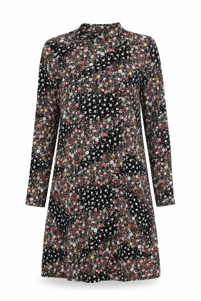 Front view of Marks & Spencer women’s black floral viscose shift, size UK 12, round neck button