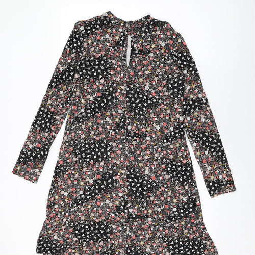 Marks and Spencer Womens Black Floral Viscose Shift Size 12 Round Neck Button