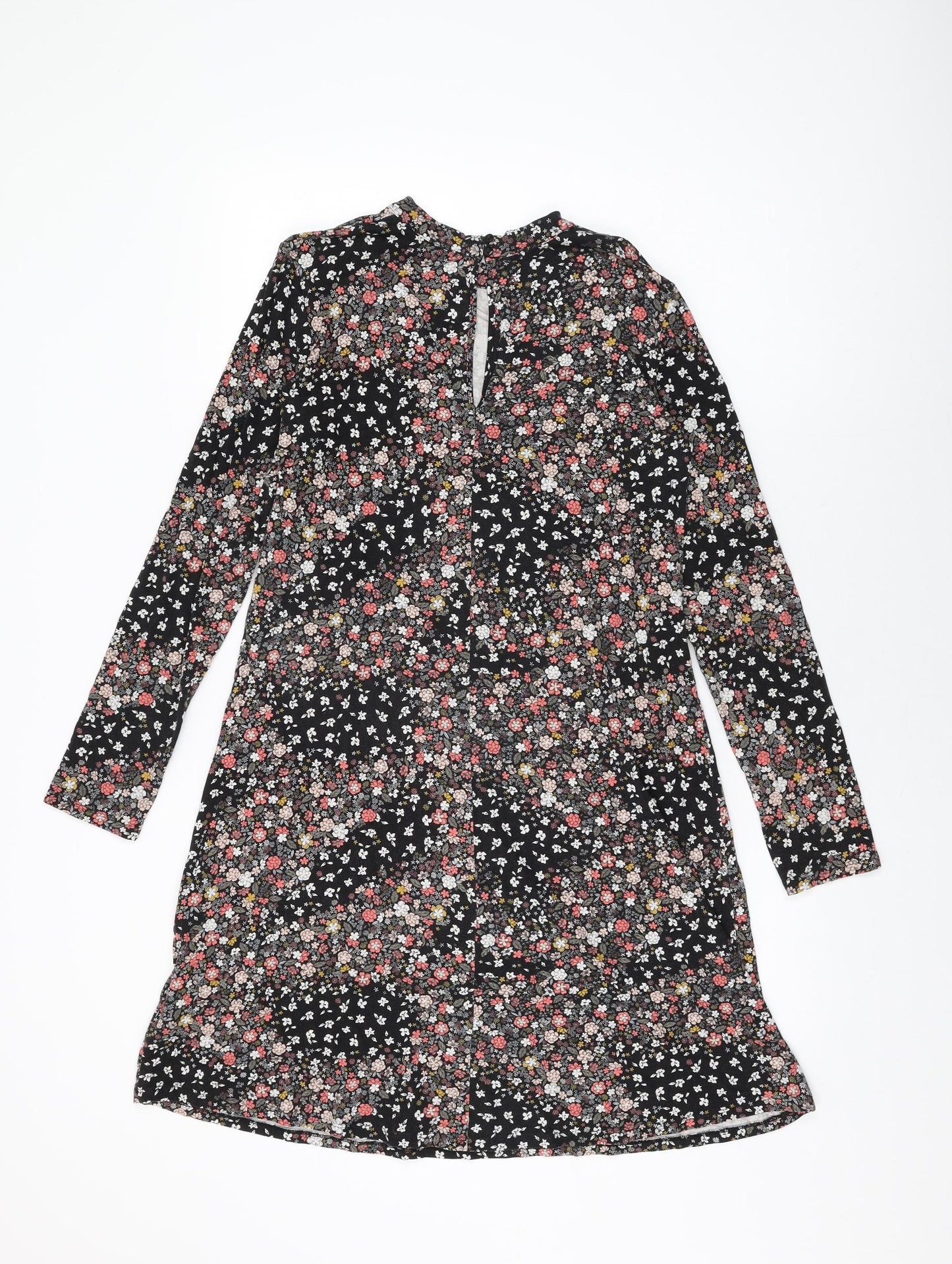 Marks and Spencer Womens Black Floral Viscose Shift Size 12 Round Neck Button