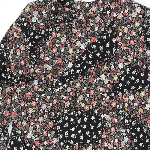 Marks and Spencer Womens Black Floral Viscose Shift Size 12 Round Neck Button