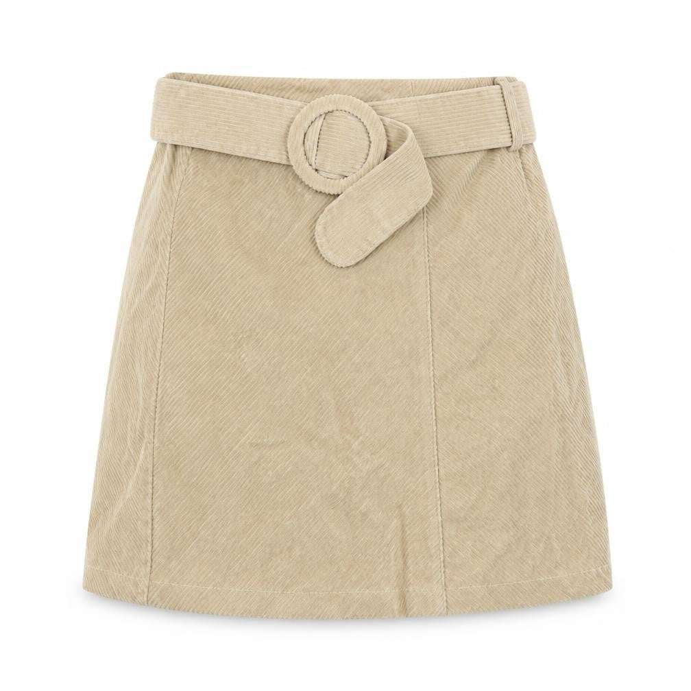Front view of Denim & Co. women’s beige cotton mini skirt, size UK 6, zip