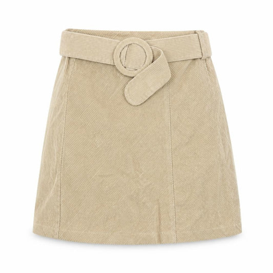Front view of Denim & Co. women’s beige cotton mini skirt, size UK 6, zip