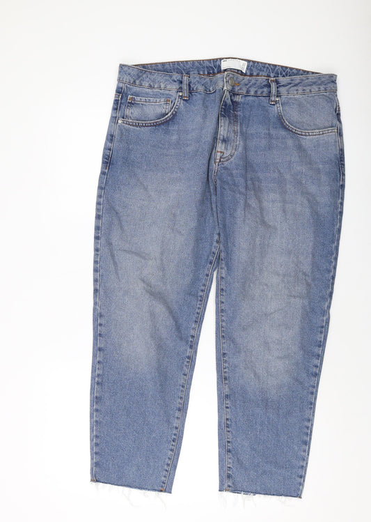 Front view of ASOS women’s blue cotton mom jeans, size UK 34, in, 25-inch leg regular button