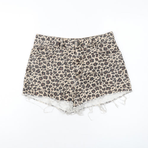 Denim & Co. Womens Brown Animal Print Cotton Hot Pants Shorts Size 12 L3 in Regular Button