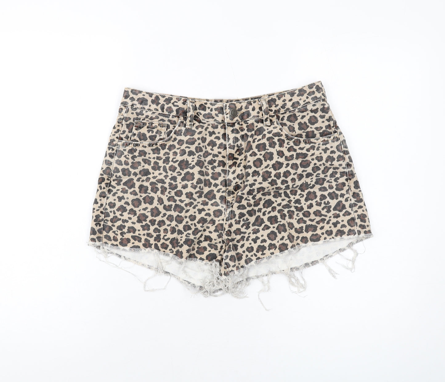 Denim & Co. Womens Brown Animal Print Cotton Hot Pants Shorts Size 12 L3 in Regular Button