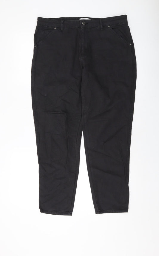 Front view of ASOS women’s black cotton mom jeans, size UK 34, in, 27-inch leg regular button