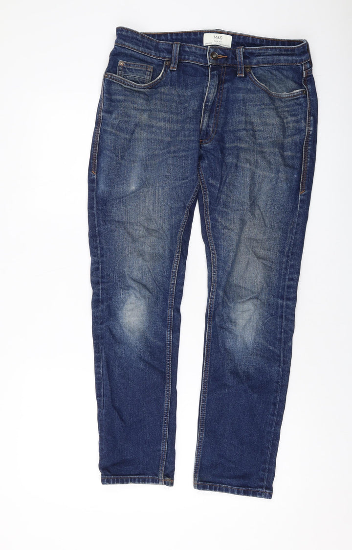 Marks and Spencer Mens Blue Cotton Straight Jeans Size 30 in L29 in Slim Button
