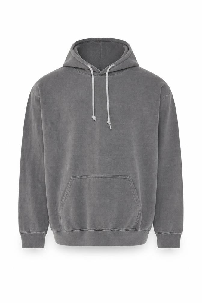 Front view of Boohoo men’s grey cotton pullover hoodie, size S