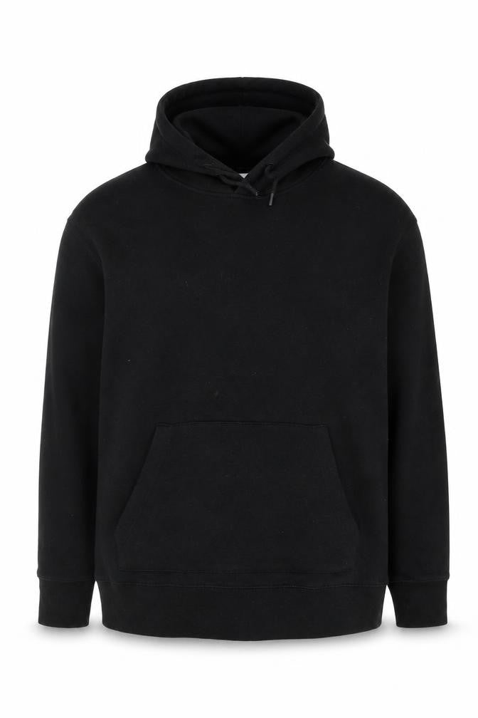 Front view of tO-MAN men’s black cotton pullover hoodie, size M