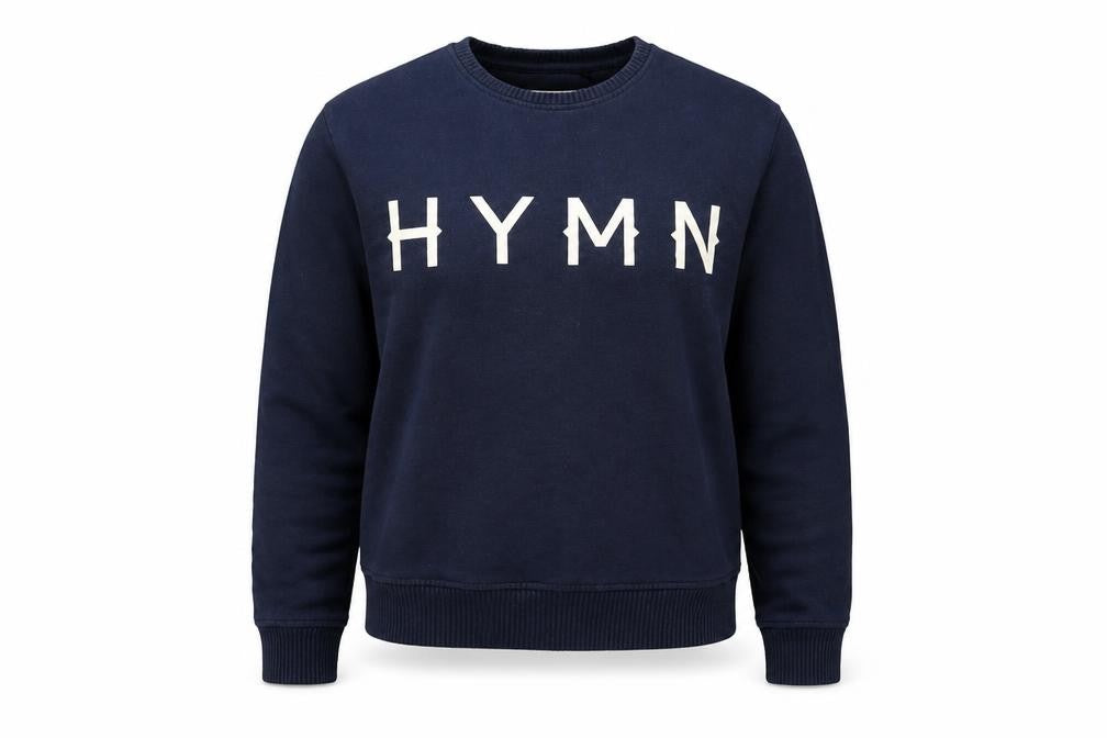 Front view of Hymn women’s blue cotton pullover sweatshirt, size M, pullover