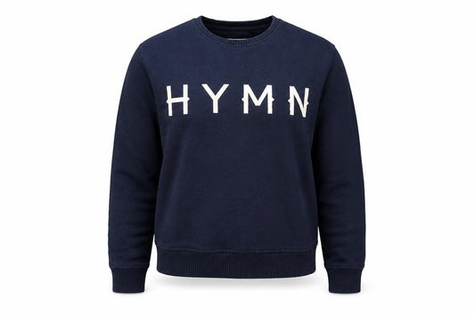 Front view of Hymn women’s blue cotton pullover sweatshirt, size M, pullover