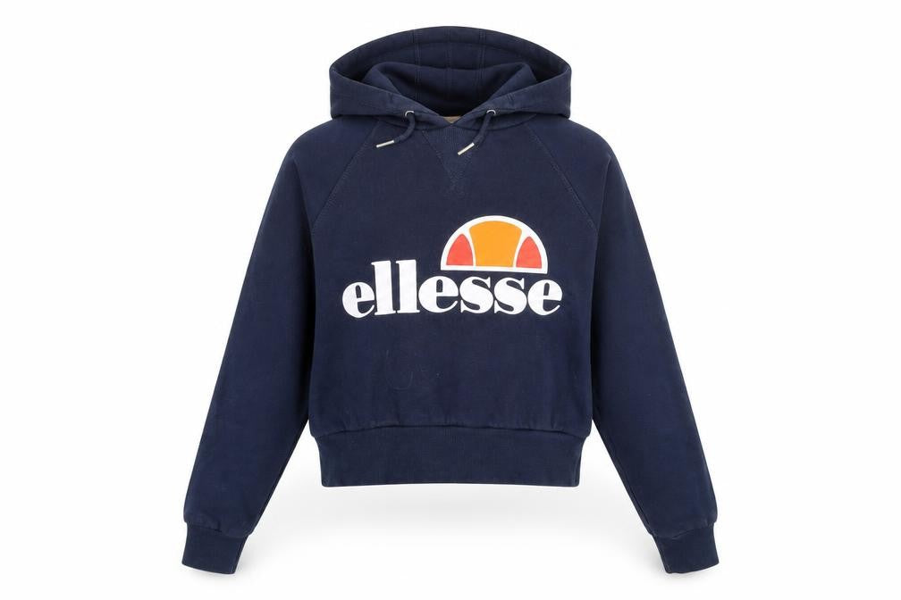 Front view of Ellesse women’s blue cotton pullover hoodie, size UK 6, pullover