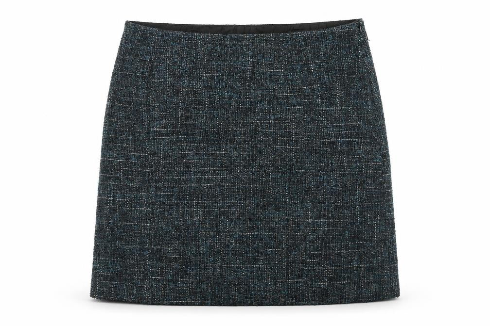 Front view of John Lewis women’s blue polyester a-line skirt, size UK 14, zip