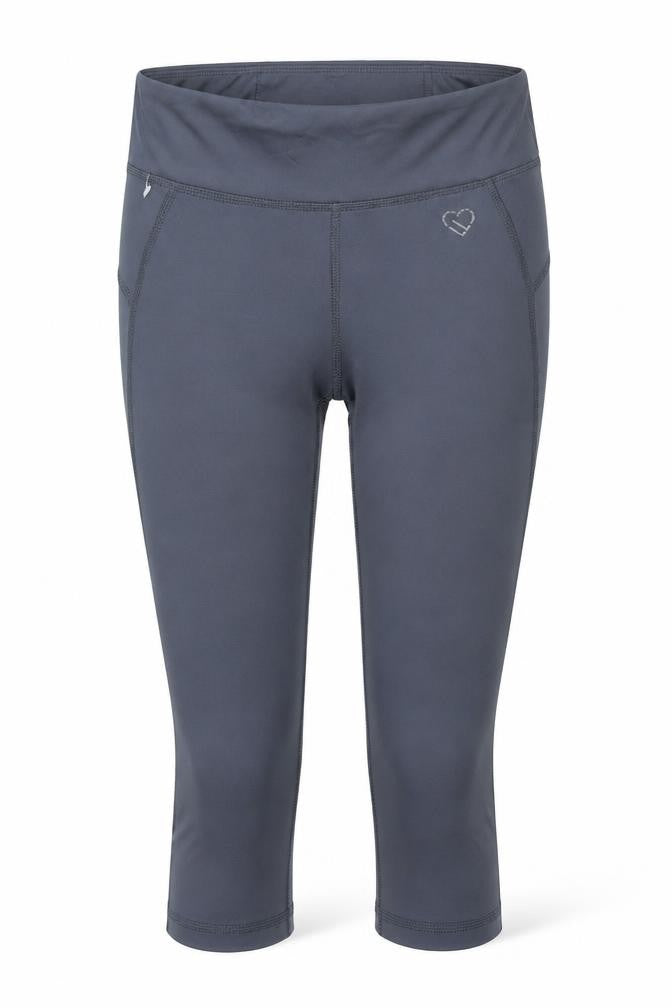 Front view of LIVE LOVE DREAM women’s grey polyester capri leggings, size S, 20-inch leg regular pullover