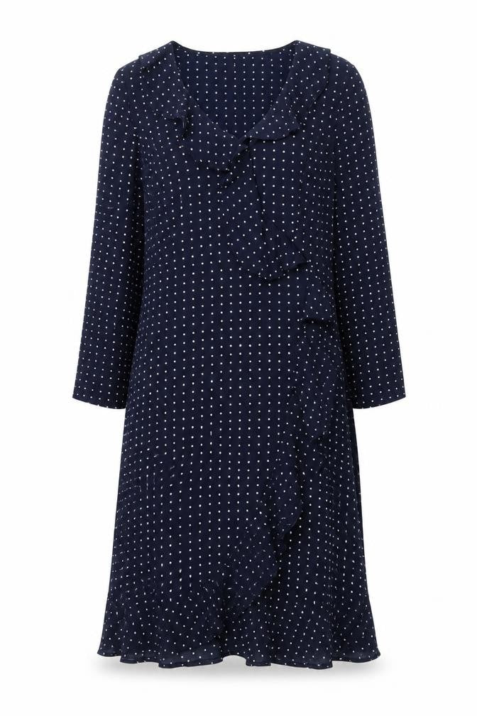 Front view of Apricot women’s blue polka dot polyester shift, size UK 10, v-neck zip - frill