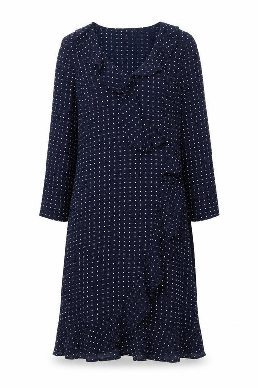 Front view of Apricot women’s blue polka dot polyester shift, size UK 10, v-neck zip - frill