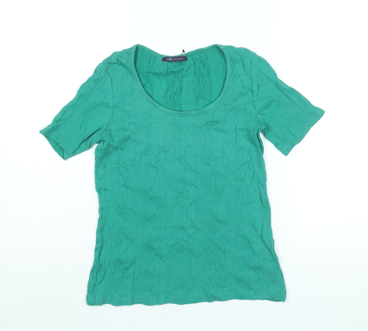 Marks and Spencer Womens Green Cotton Basic T-Shirt Size 10 Round Neck - Ribbed