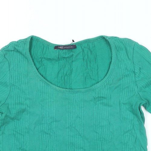 Marks and Spencer Womens Green Cotton Basic T-Shirt Size 10 Round Neck - Ribbed