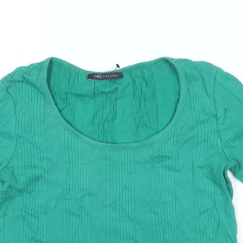Marks and Spencer Womens Green Cotton Basic T-Shirt Size 10 Round Neck - Ribbed