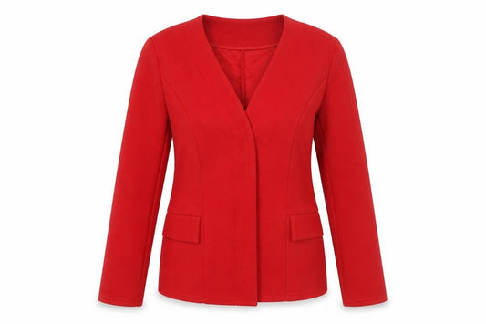 Front view of Boohoo women’s red jacket, size UK 12