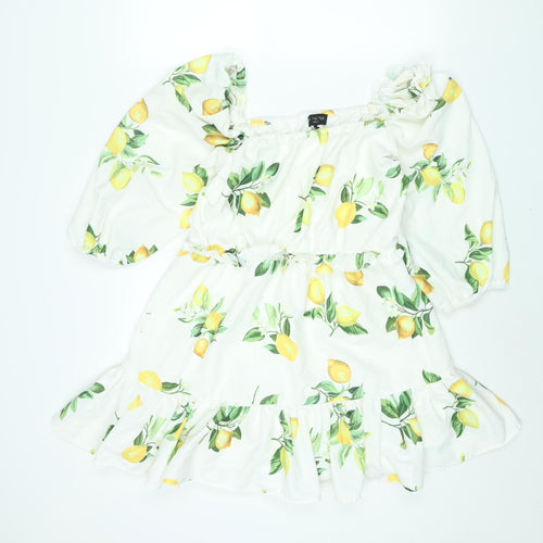 In the Style Womens White Geometric Polyester A-Line Size 14 Square Neck Pullover - Smocked Frill Lemon Print
