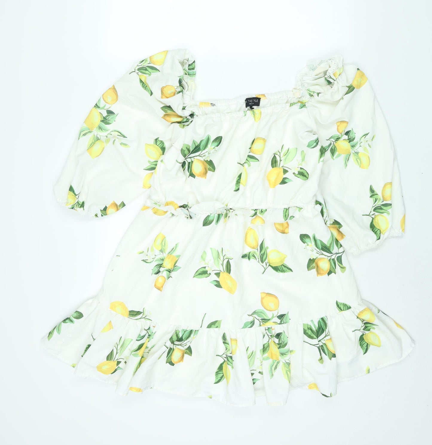 In the Style Womens White Geometric Polyester A-Line Size 14 Square Neck Pullover - Smocked Frill Lemon Print