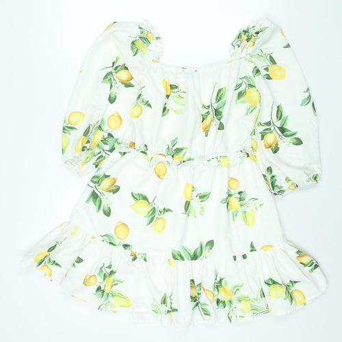 In the Style Womens White Geometric Polyester A-Line Size 14 Square Neck Pullover - Smocked Frill Lemon Print