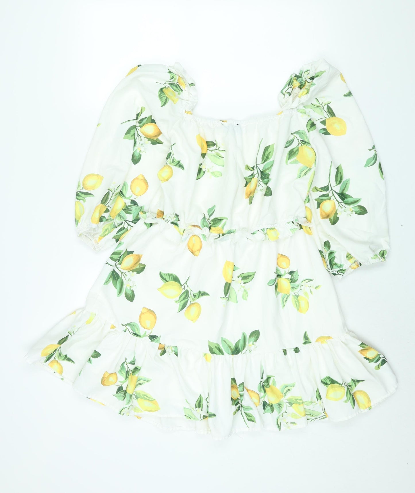 In the Style Womens White Geometric Polyester A-Line Size 14 Square Neck Pullover - Smocked Frill Lemon Print