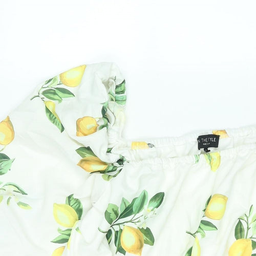 In the Style Womens White Geometric Polyester A-Line Size 14 Square Neck Pullover - Smocked Frill Lemon Print